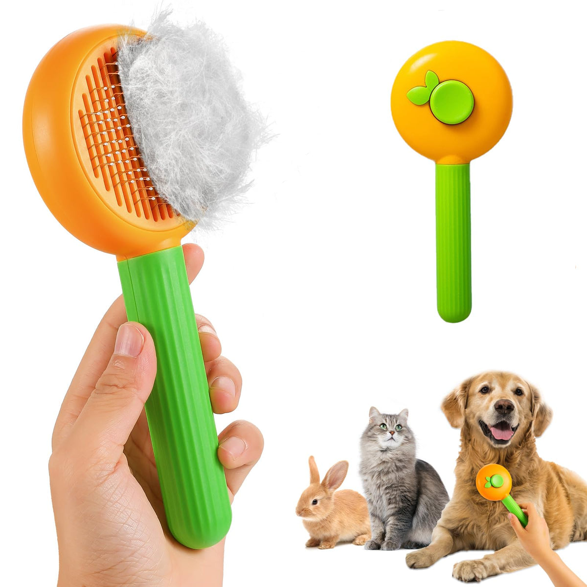 Patepoby New pet brushcat brush with release buttonSelf Cleaning Slicker Brush for Dogs & Catsdog brush for sheddingpuppy brushEasy Desheding(Orange-green)